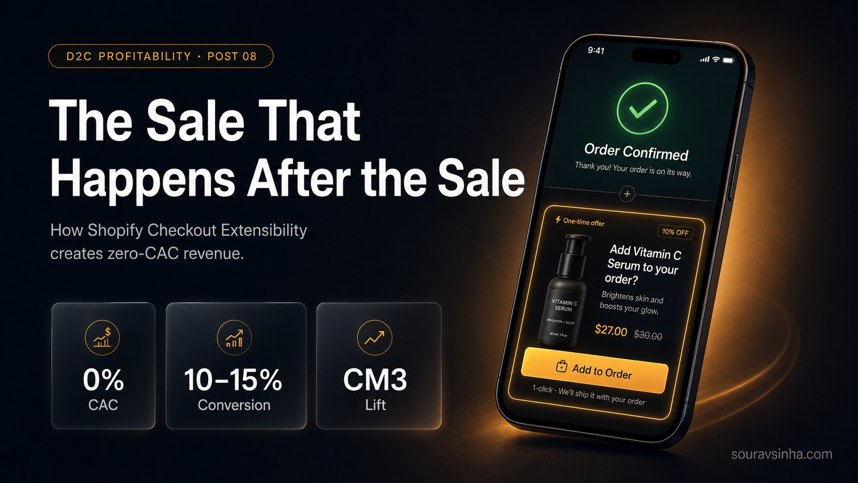 Shopify post-purchase upsell screen showing a one-click offer on mobile after checkout confirmation