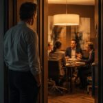 A lone figure standing at the entrance of a brightly lit room full of driven, high-expectation people