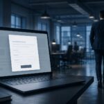A prospect walking away from a laptop screen showing a gated contact form