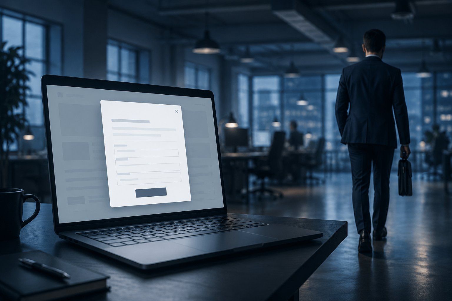 A prospect walking away from a laptop screen showing a gated contact form