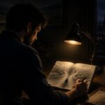Man writing in a notebook late at night with three branching path sketches on paper, representing the Odyssey Plan life mapping exercise