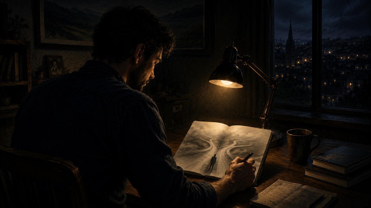 Man writing in a notebook late at night with three branching path sketches on paper, representing the Odyssey Plan life mapping exercise