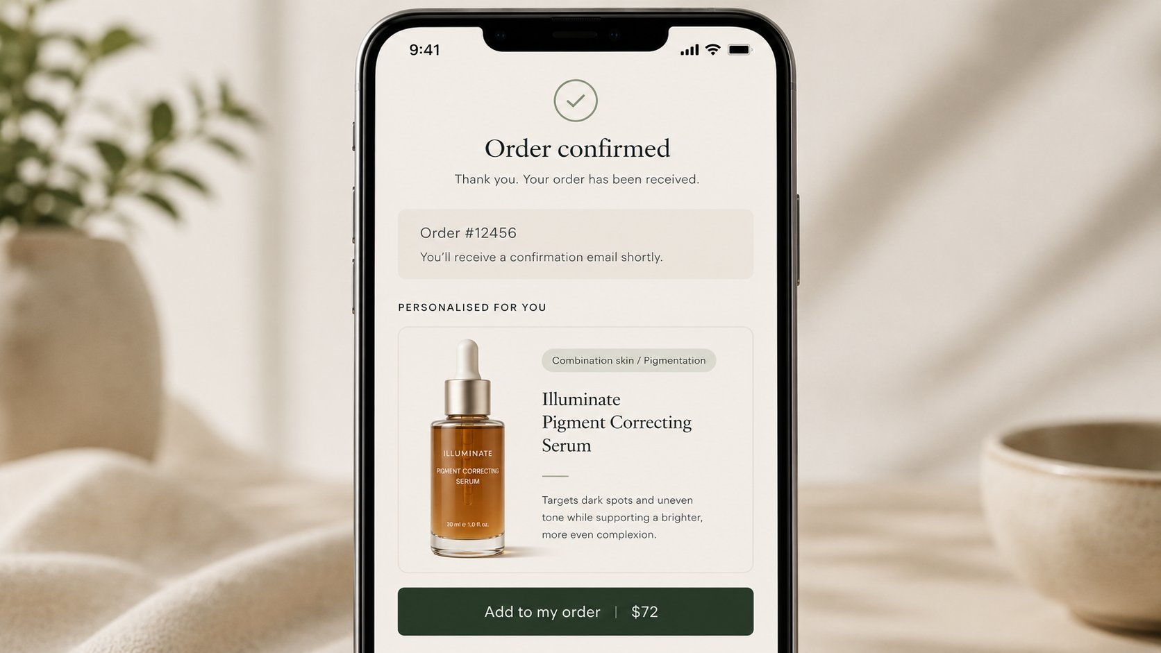 Shopify post-purchase upsell screen showing a personalised product recommendation based on a customer skin profile quiz result