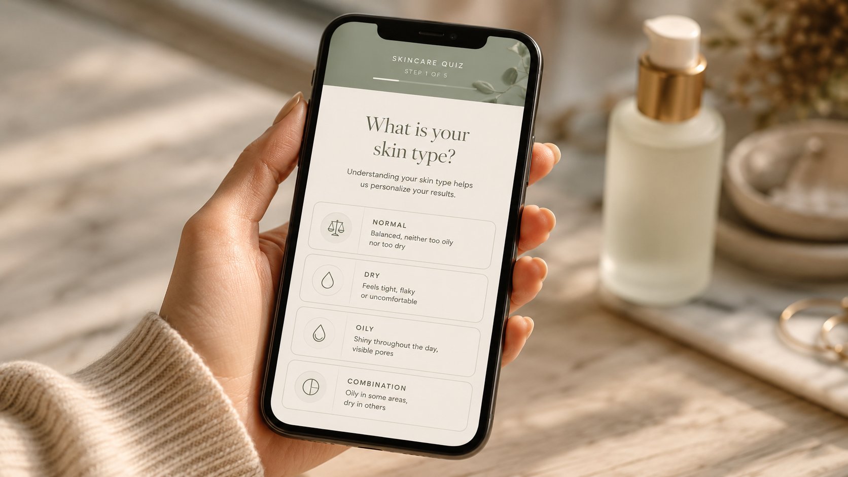 Customer answering a skincare quiz on a Shopify storefront, mobile screen showing personalized product recommendation
