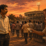 A father waits calmly outside a packed cricket stadium gate at dusk while a ticket seller grows anxious nearby.