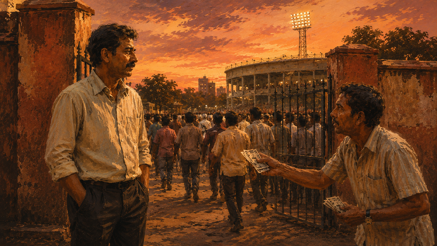 A father waits calmly outside a packed cricket stadium gate at dusk while a ticket seller grows anxious nearby.