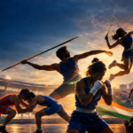 Indian athletes in javelin, badminton, boxing, wrestling and archery action poses against a Nagoya stadium and Mount Fuji backdrop, Asian Games 2026