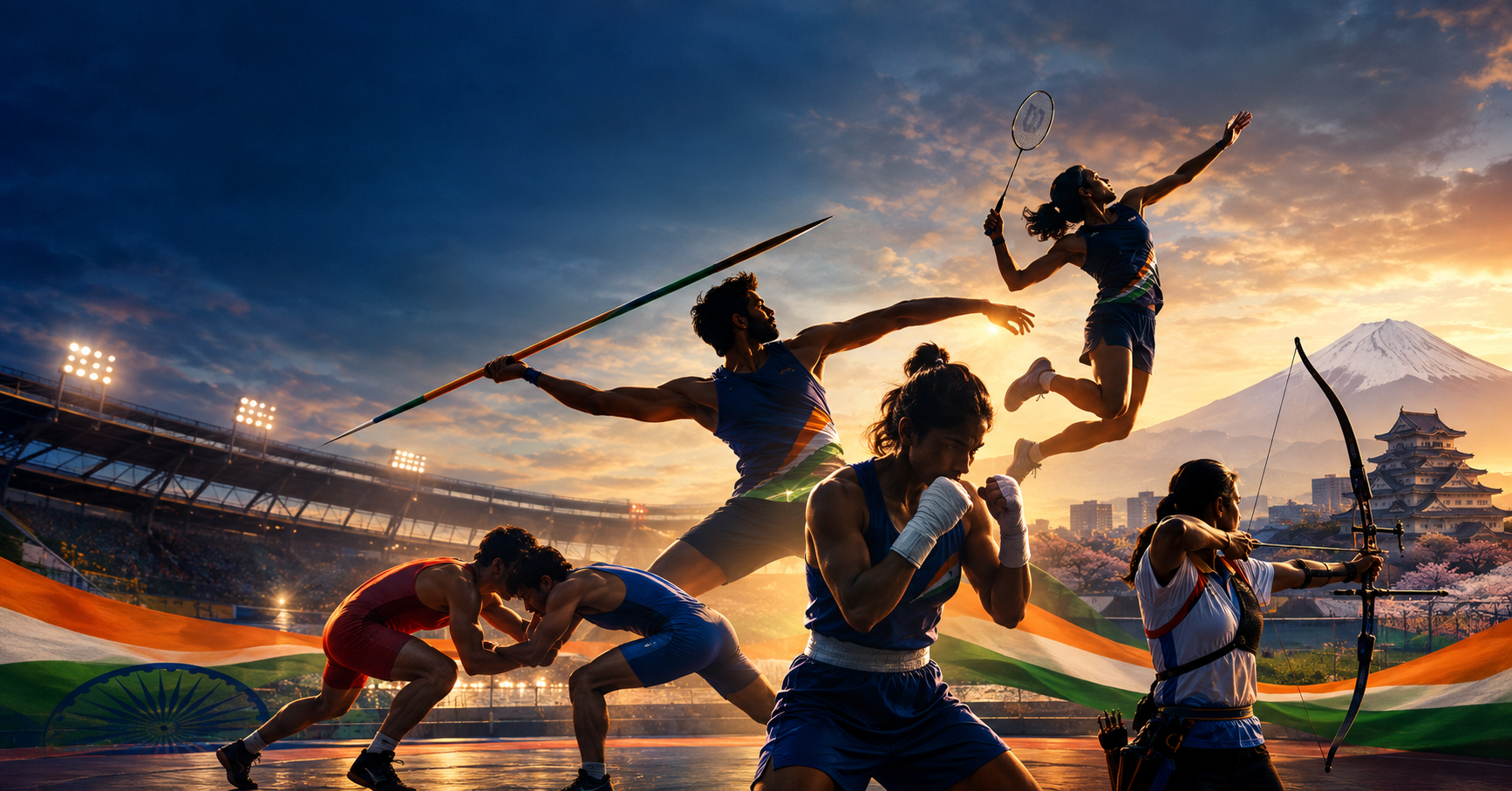 Indian athletes in javelin, badminton, boxing, wrestling and archery action poses against a Nagoya stadium and Mount Fuji backdrop, Asian Games 2026