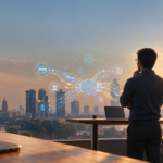 Indian engineer at a workstation with UPI payment rails and AI network lines overlaid on a city skyline at dawn