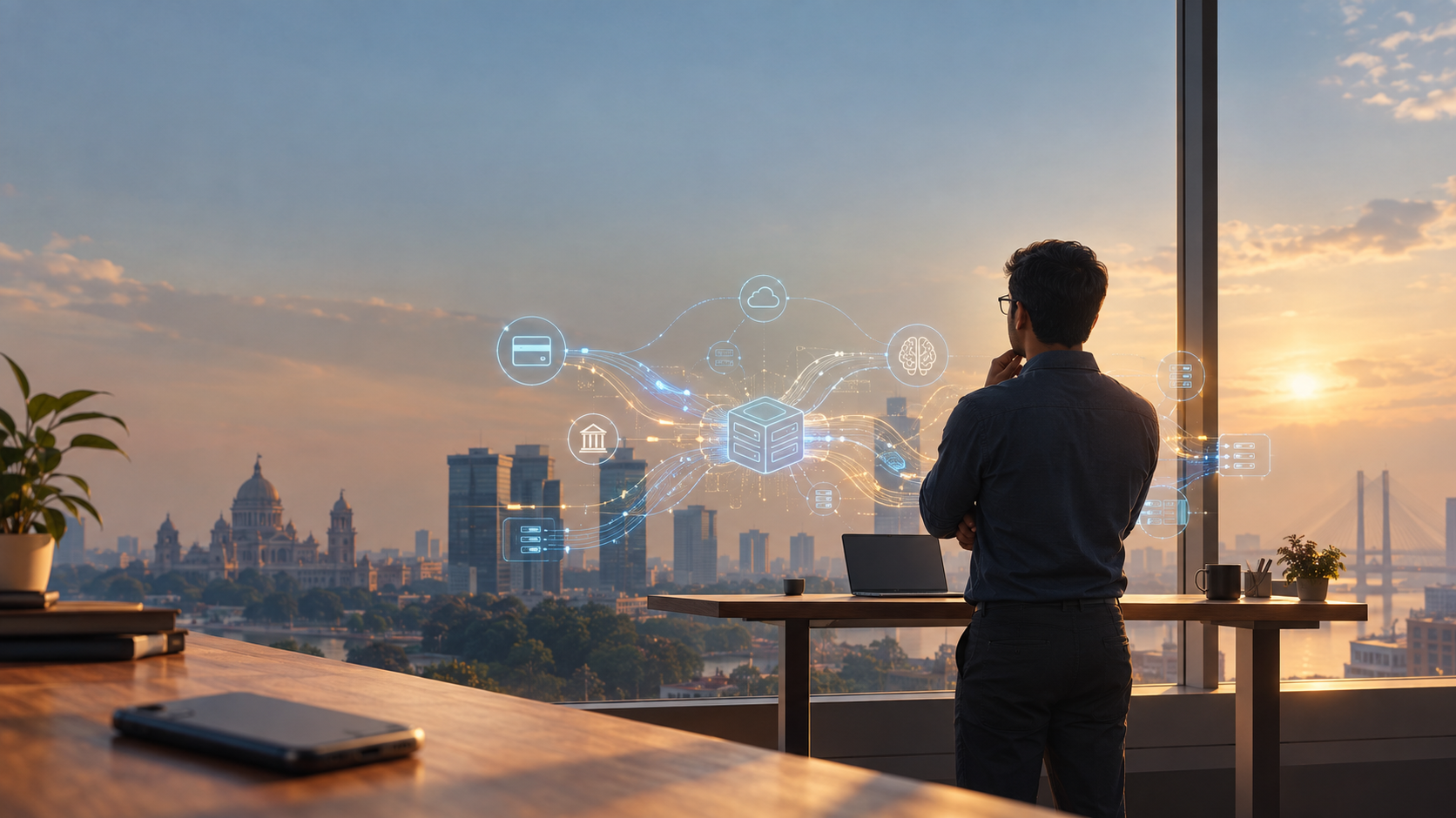Indian engineer at a workstation with UPI payment rails and AI network lines overlaid on a city skyline at dawn