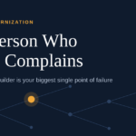 Dark blue network of connected dots with one amber dot highlighted, under the title The Person Who Never Complains.