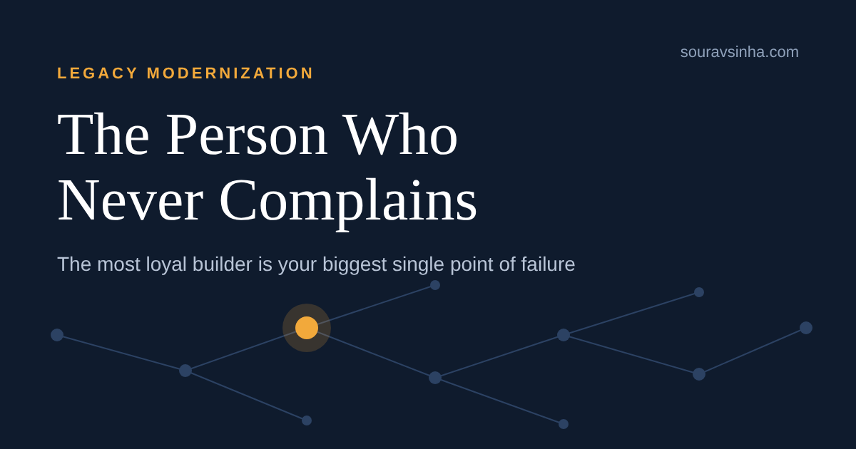 Dark blue network of connected dots with one amber dot highlighted, under the title The Person Who Never Complains.